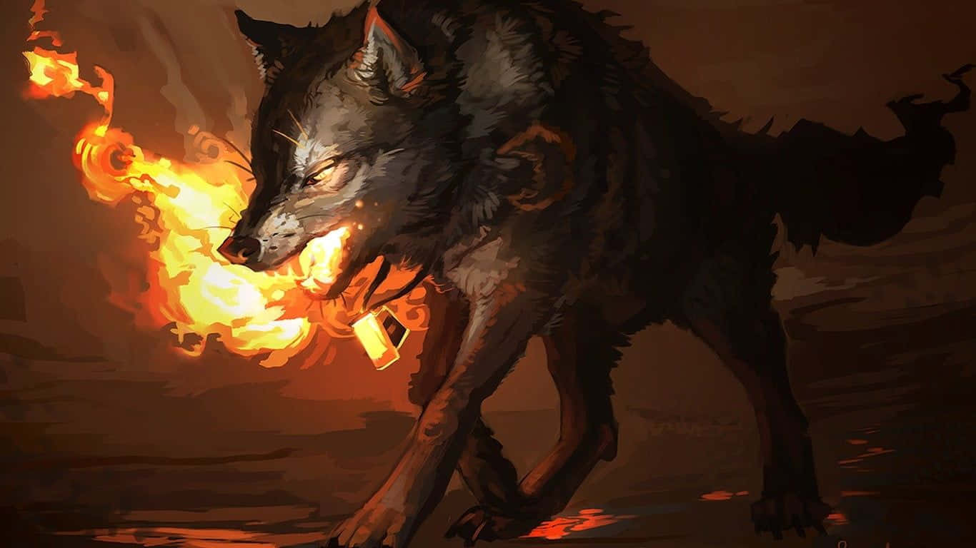 A Fearsome Fire Wolf Emerging From The Depths Of Burning Embers Background