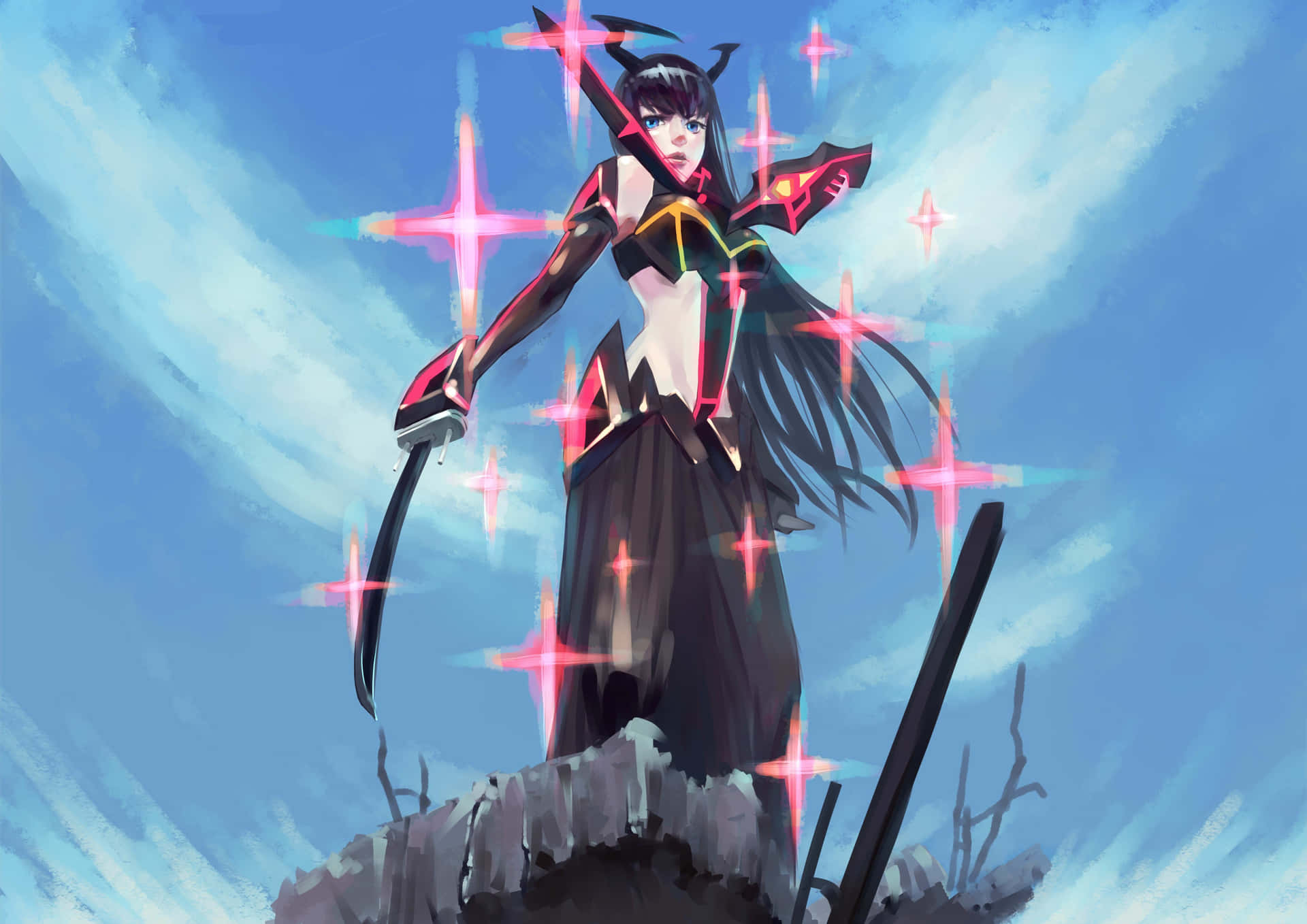 A Female Anime Character With A Sword And A Star Background