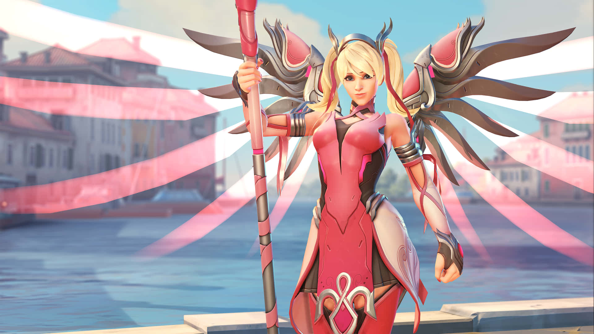 A Female Character In A Pink Outfit Standing By A River Background