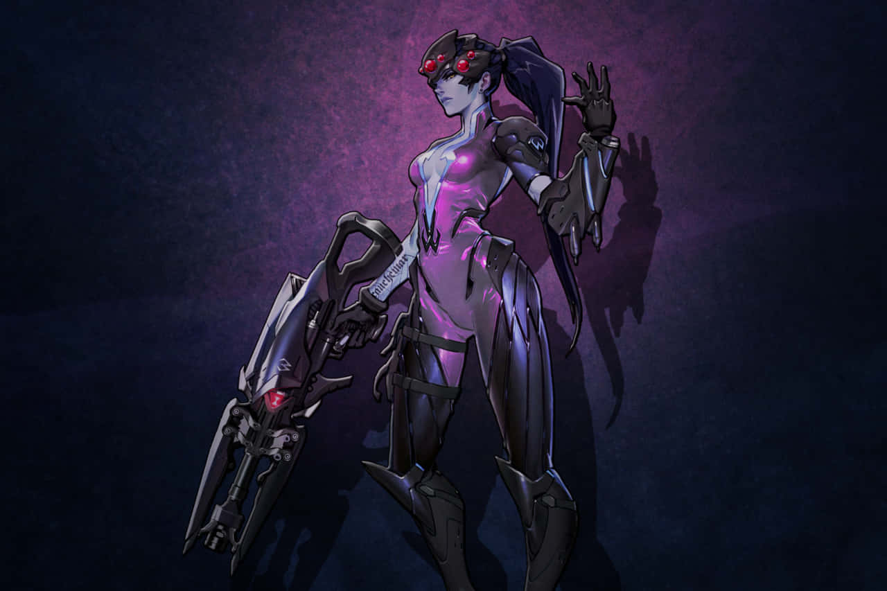 A Female Character In A Purple Outfit Holding A Gun Background