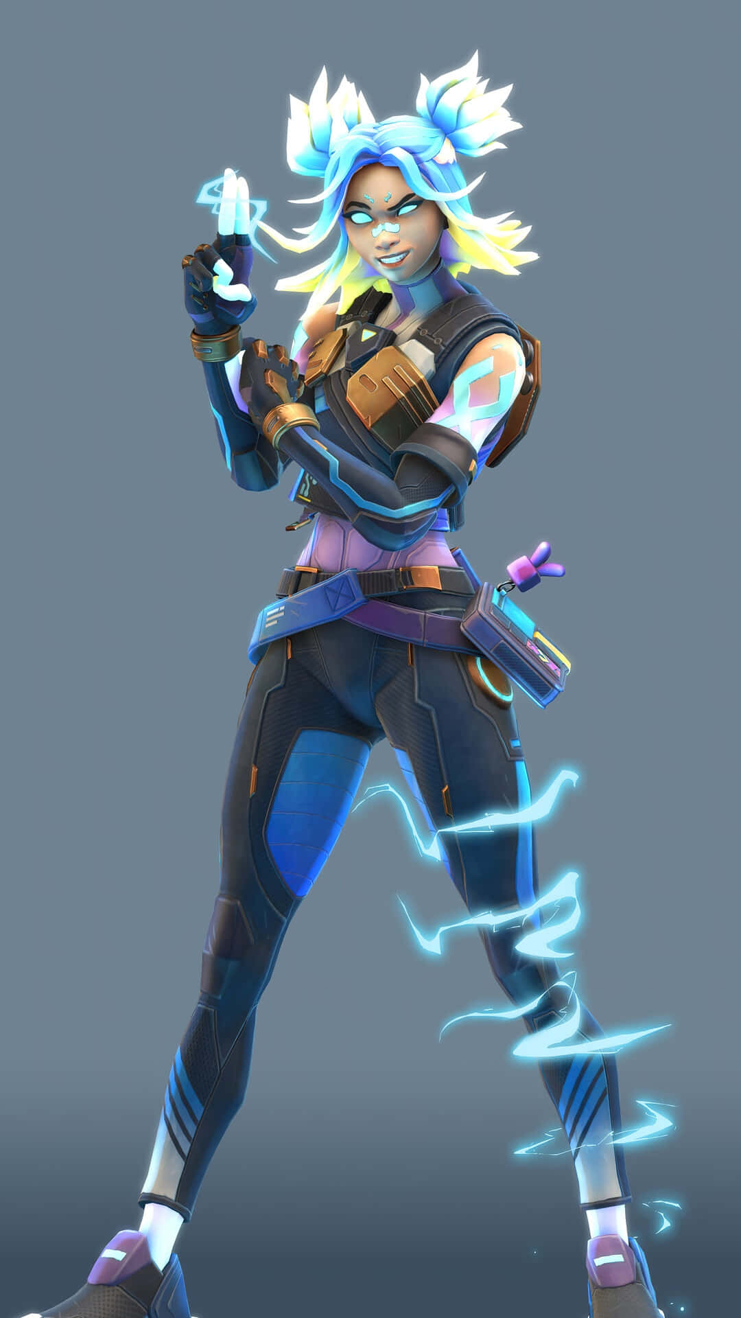 A Female Character With Blue Hair And Lightning Background