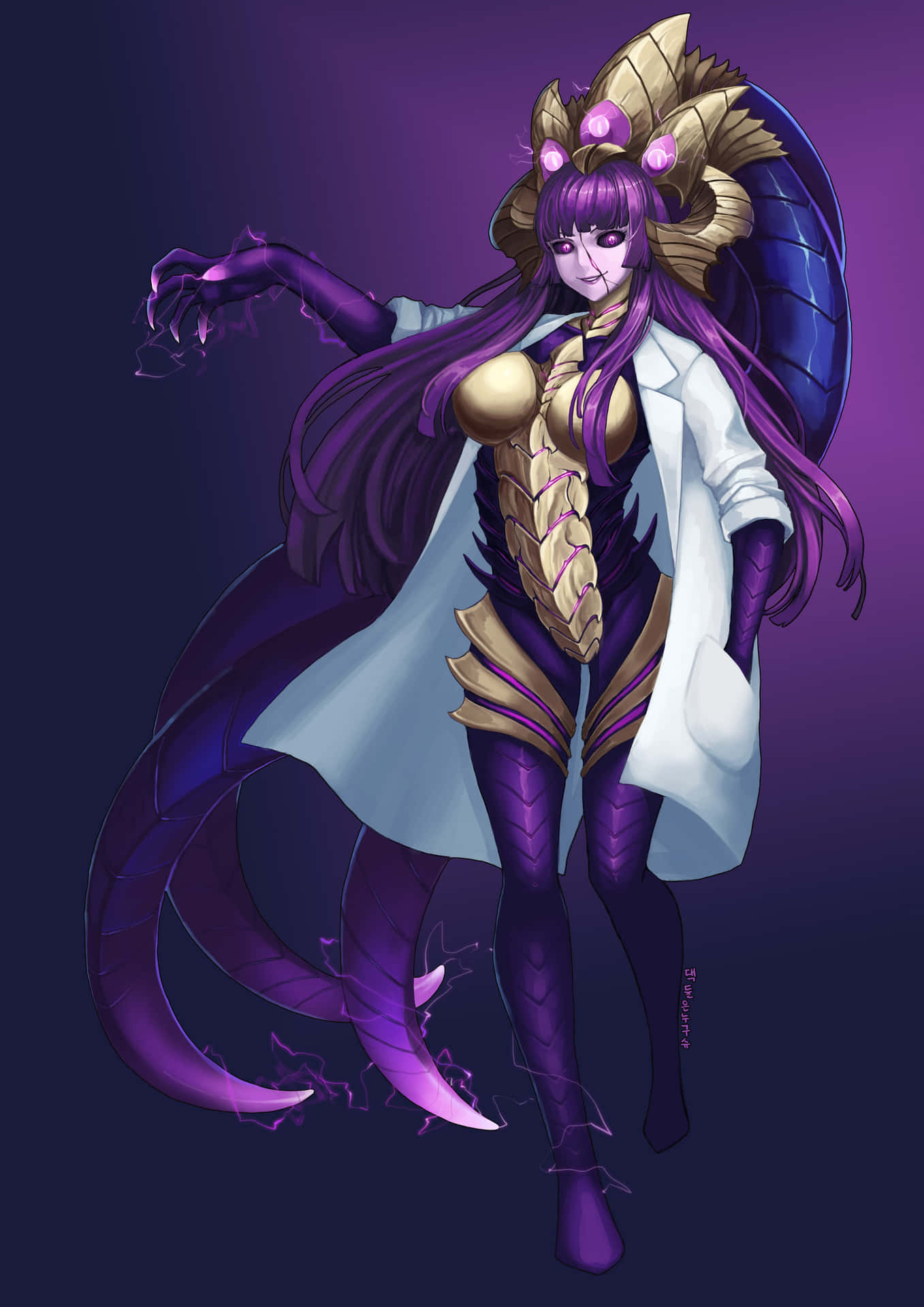 A Female Character With Purple Hair And A Purple Coat