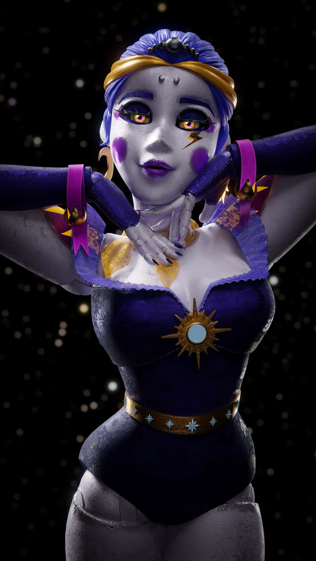 A Female Character With Purple Hair And Purple Eyes