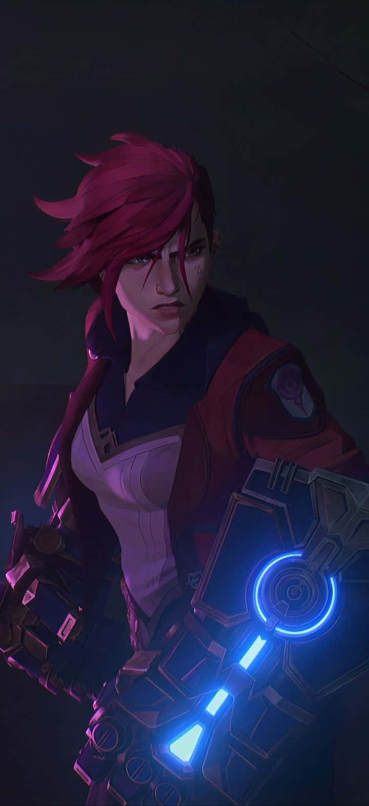 A Female Character With Red Hair And Blue Lights Background