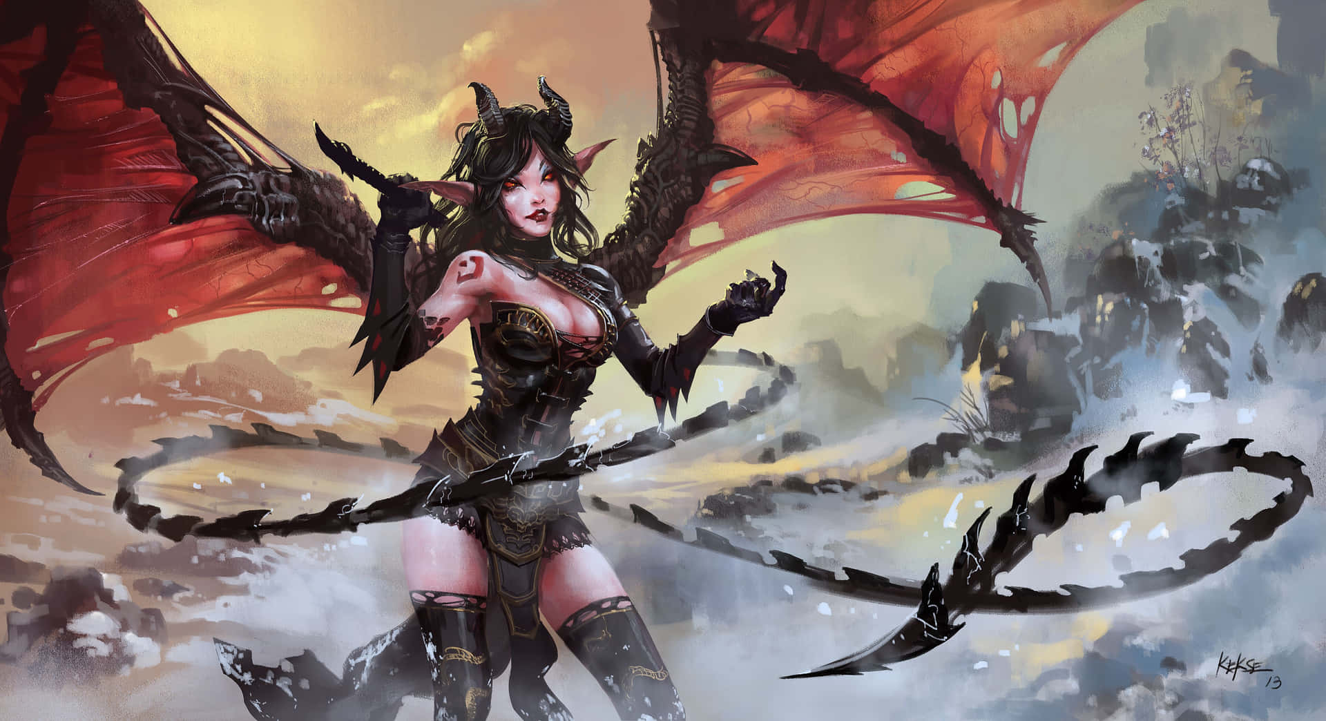 A Female Demon With Wings And A Sword Background