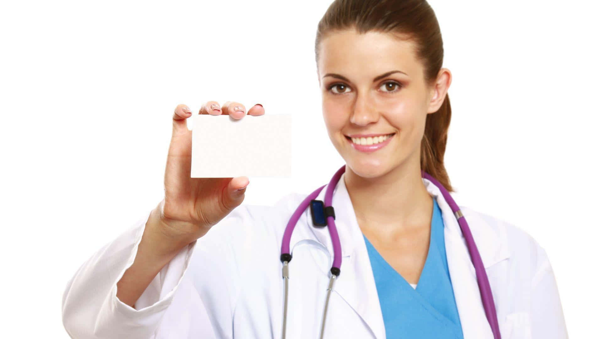 A Female Doctor Holding Up A Blank Card Background