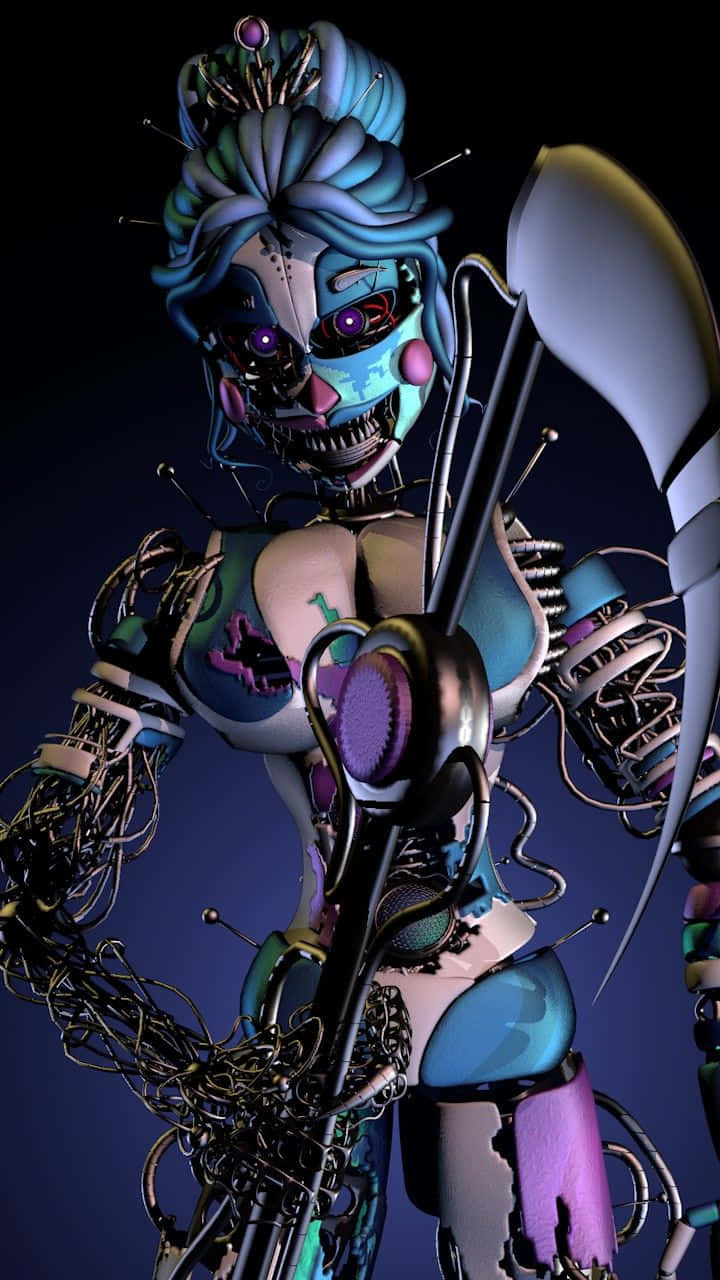 A Female Robot With A Sword And A Scythe Background