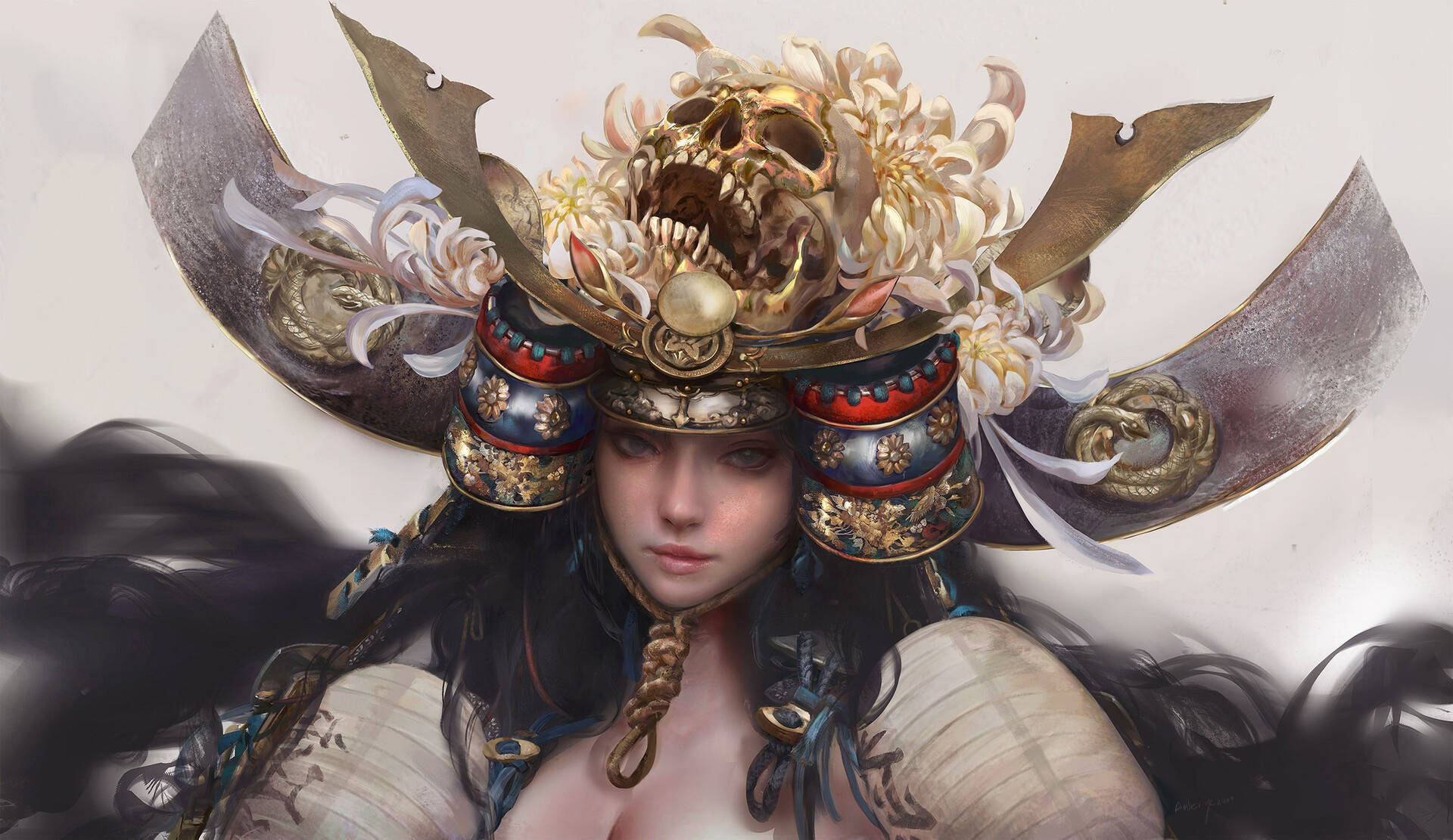 A Female Samurai Wearing A Skull Headpiece Background