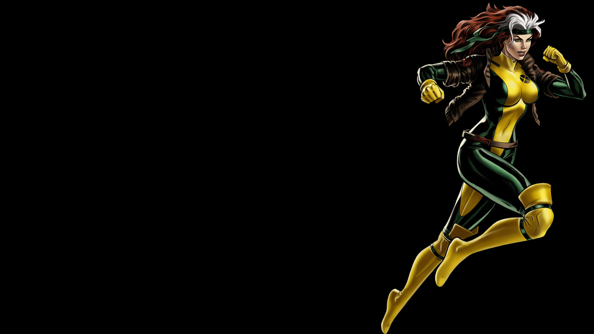 A Female Superhero In Yellow And Green Costume Running