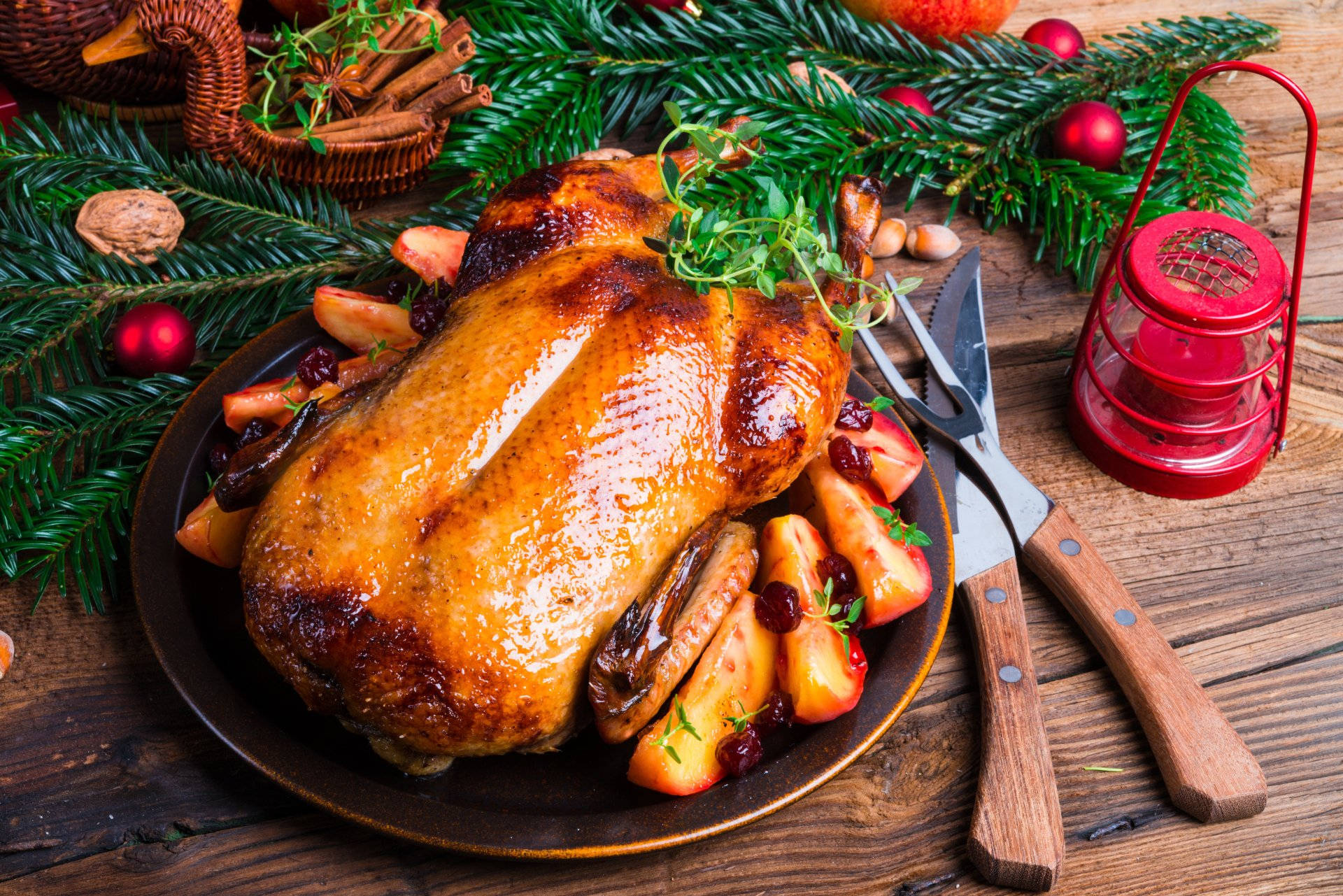 A Festive Christmas Dinner Featuring Roasted Turkey Background