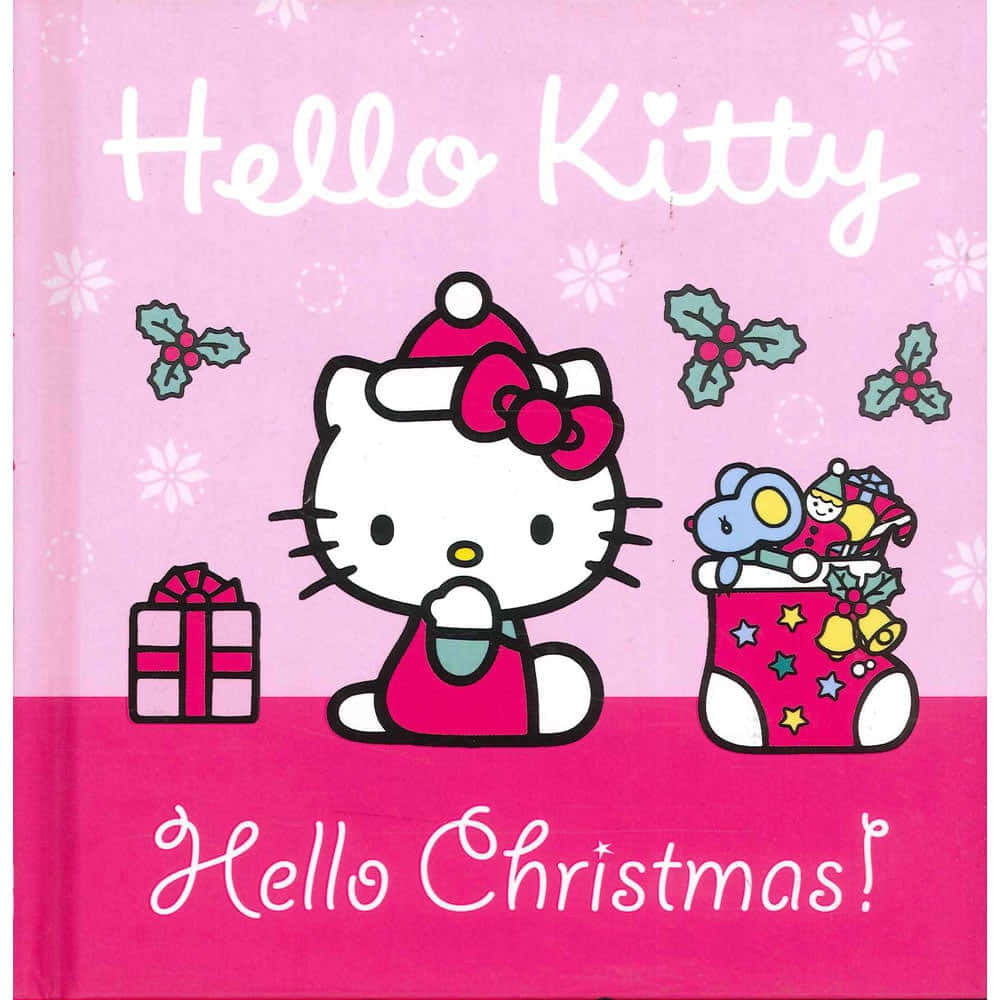 A Festive Hello Kitty Christmas Scene, With A Christmas Tree, Decorations And Cosy Fireplace Background