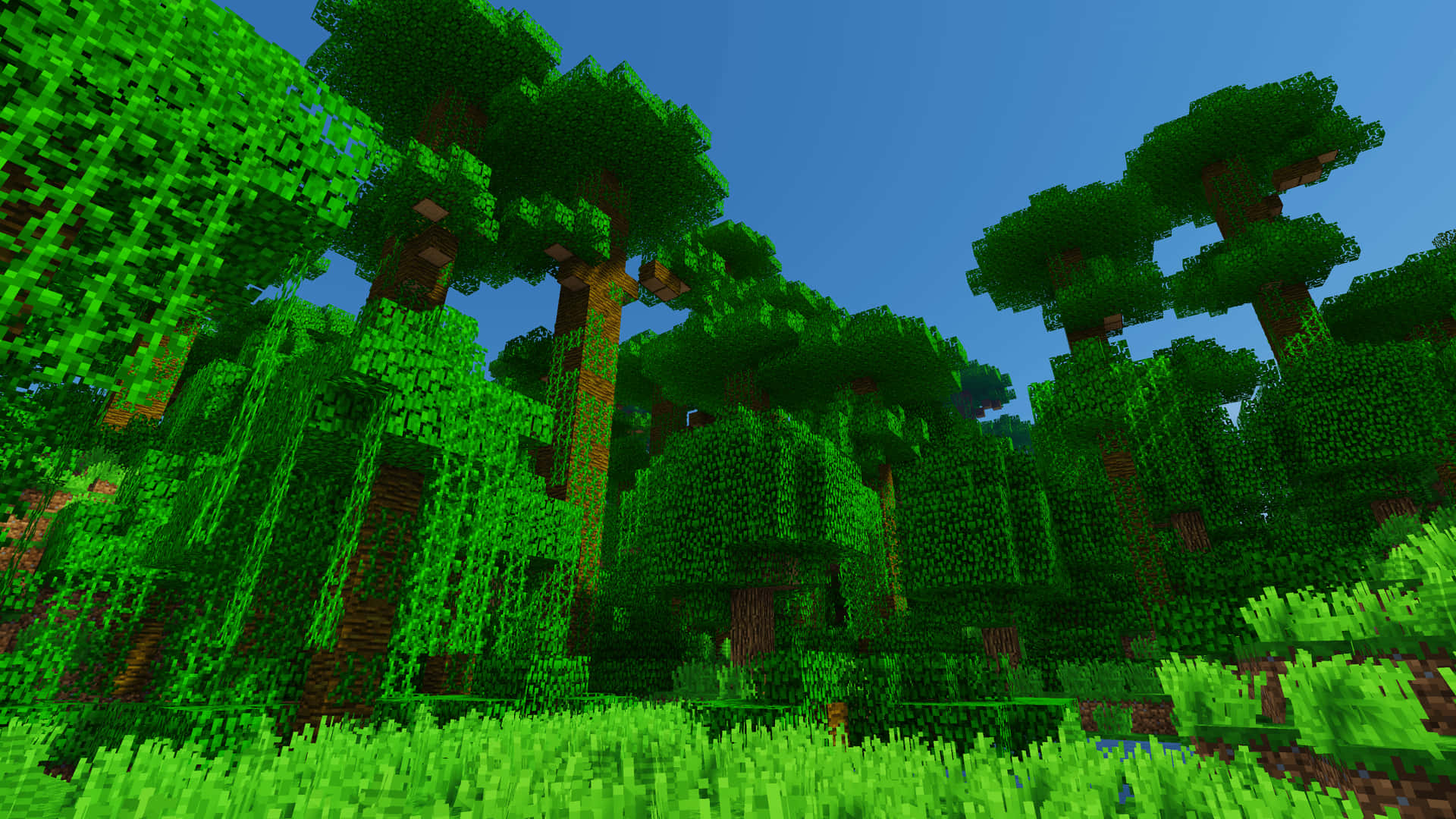 A Field Of Bright Green Minecraft Grass Surrounded By A Winding River. Background
