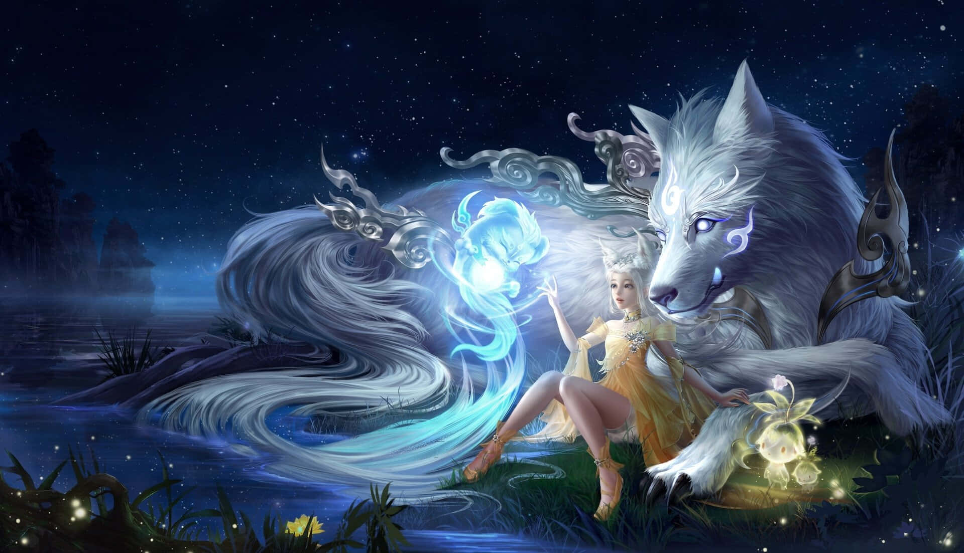 A Fierce Fire Wolf Stands Atop A Battle-worn Mountain Made Of Fire And Water Background