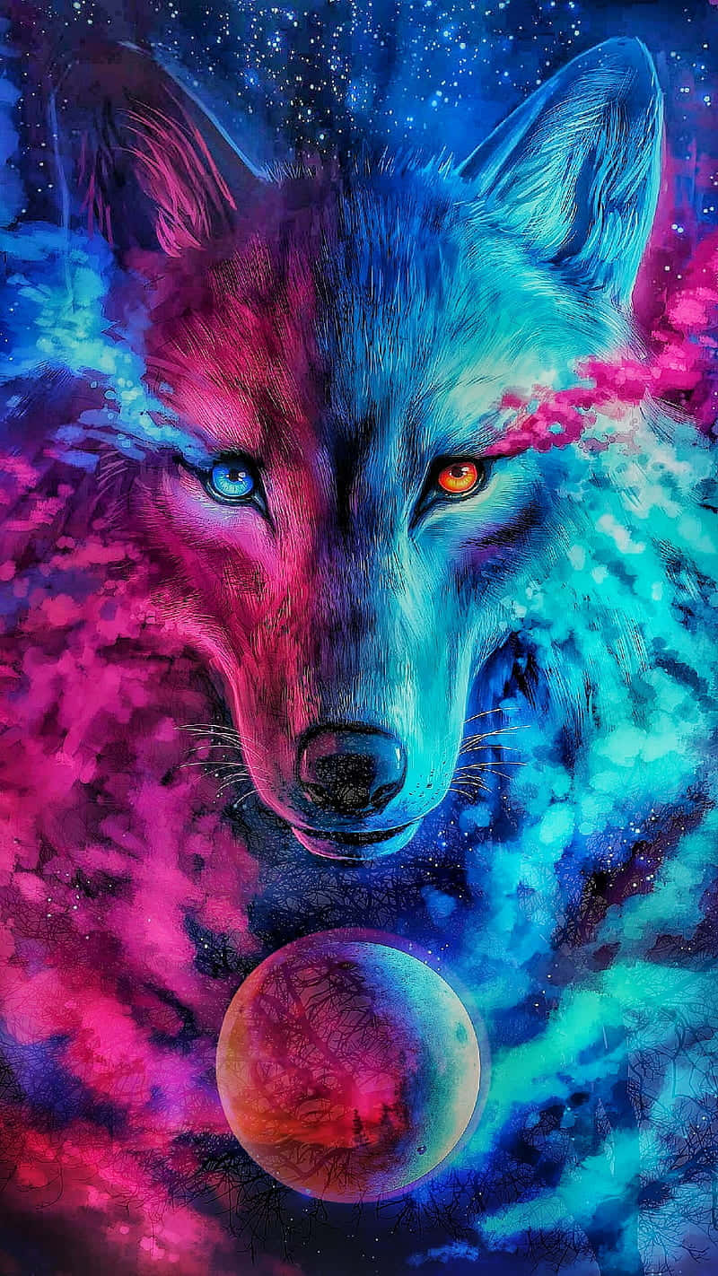 A Fierce, Pink Wolf Prowling In The Forest. Background
