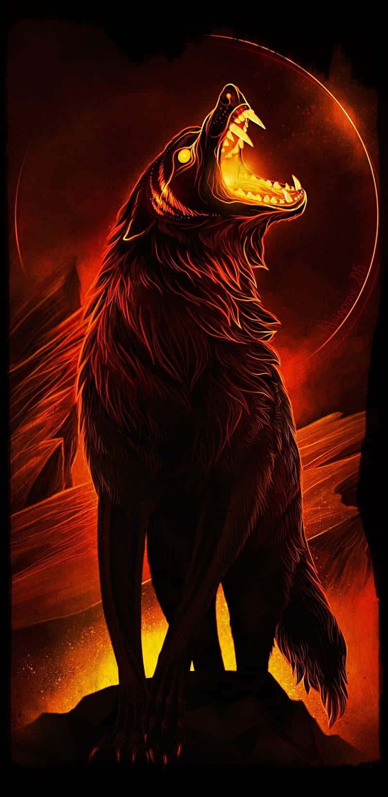 A Fiery Wolf Emerging From A Cascade Of Cool Water