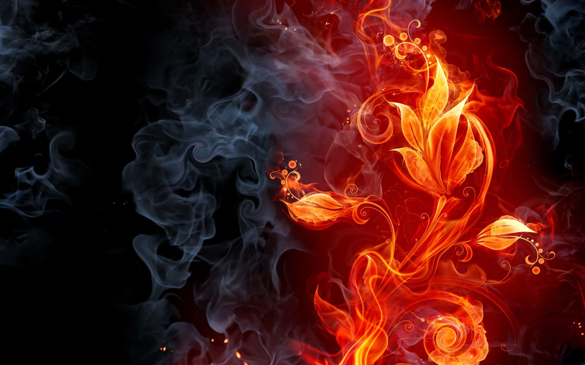 A Fire Background With Red And Blue Flowers Background