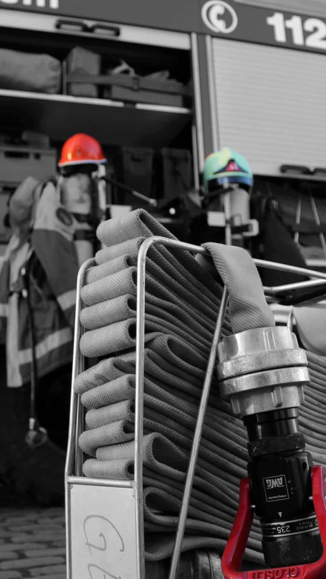 A Fire Truck With A Fire Hose Background