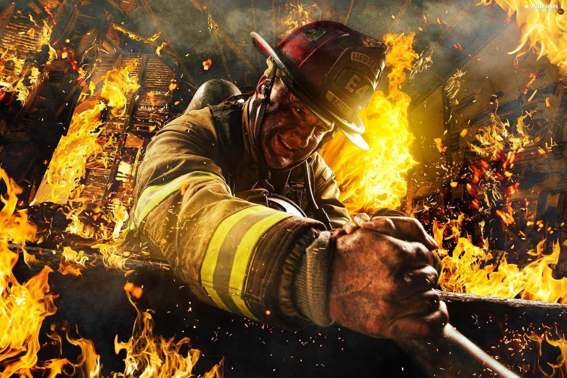 A Firefighter Is Holding A Fire Extinguisher In Front Of A Fire Background