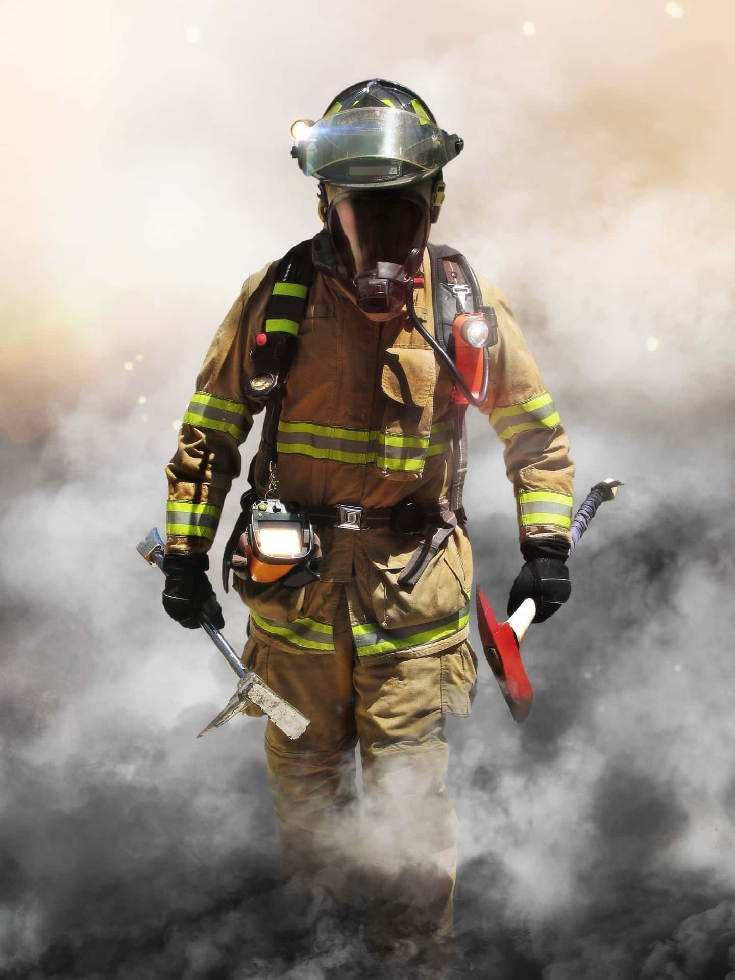 A Firefighter Is Walking Through Smoke Background