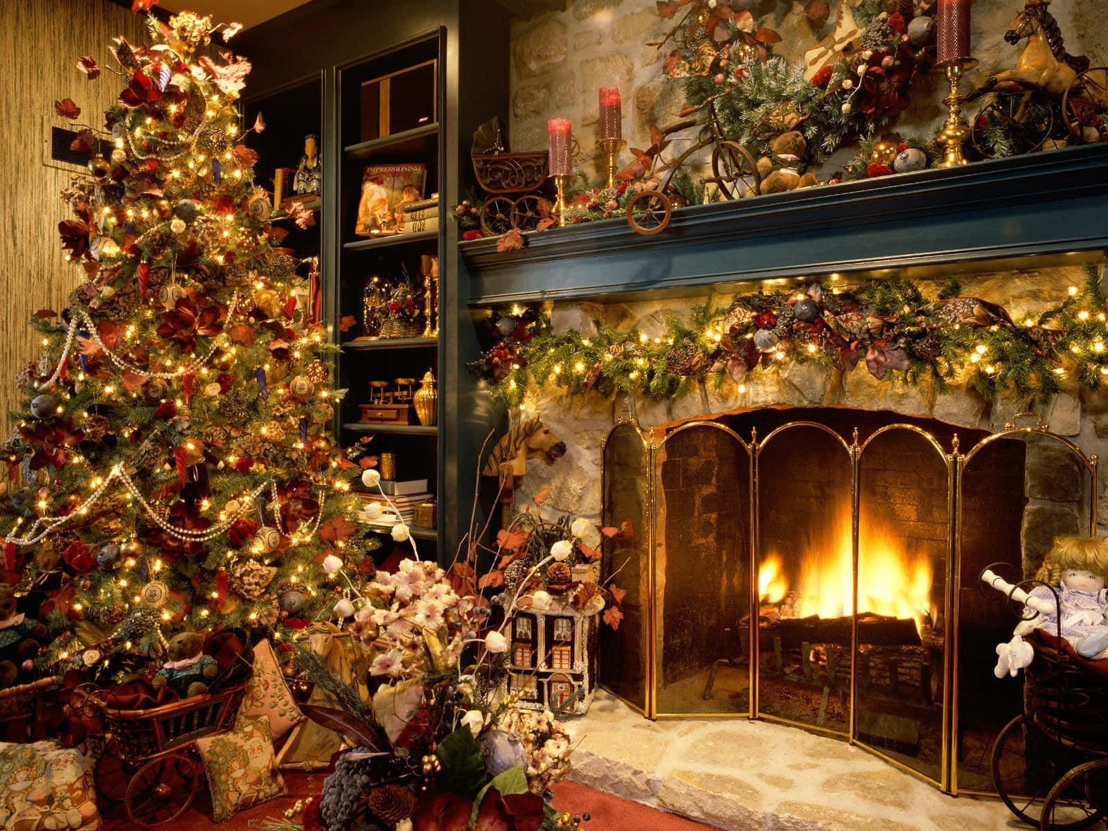 A Fireplace With A Christmas Tree And Decorations Background