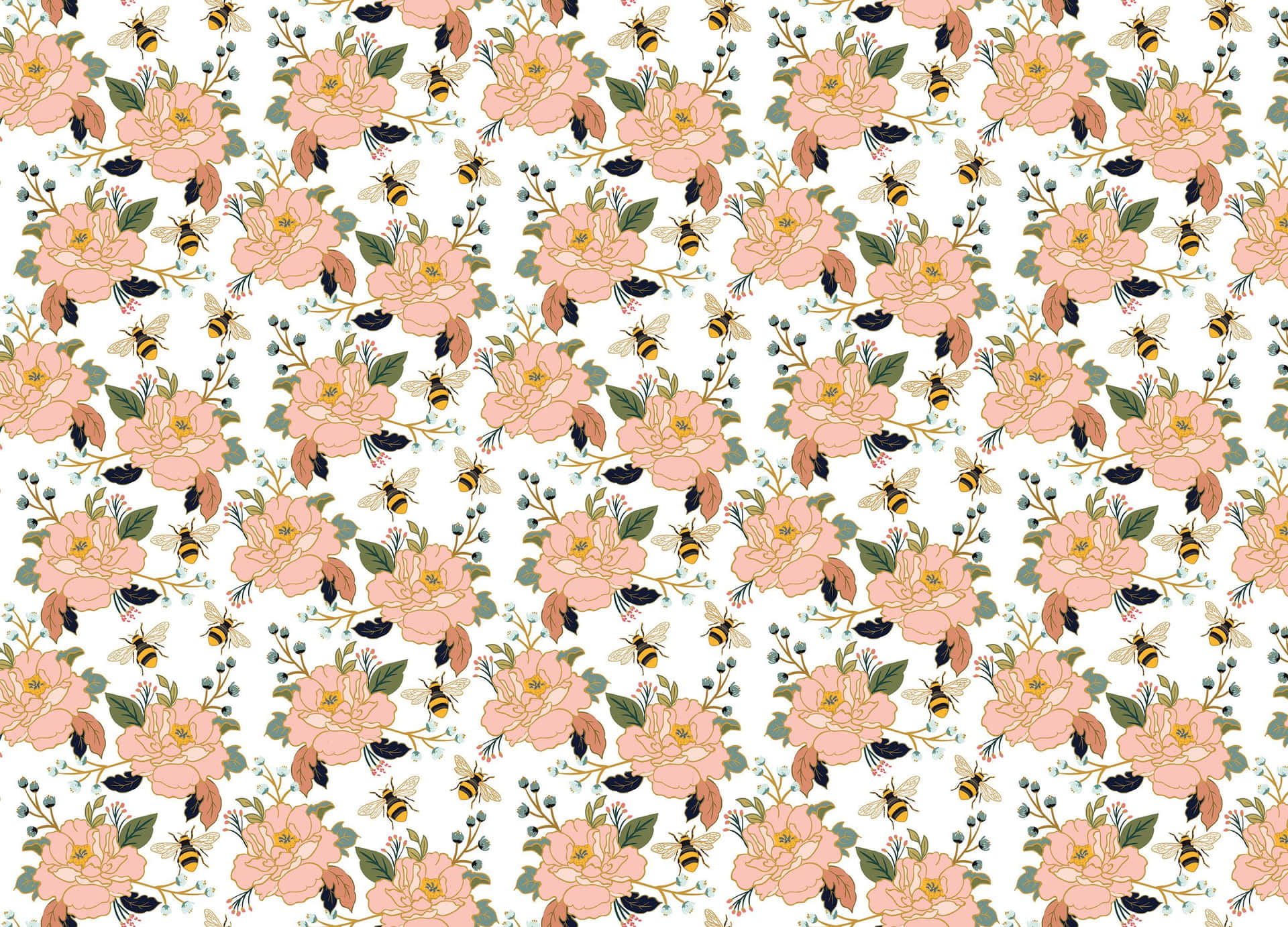 A Floral Pattern With Bees And Flowers Background