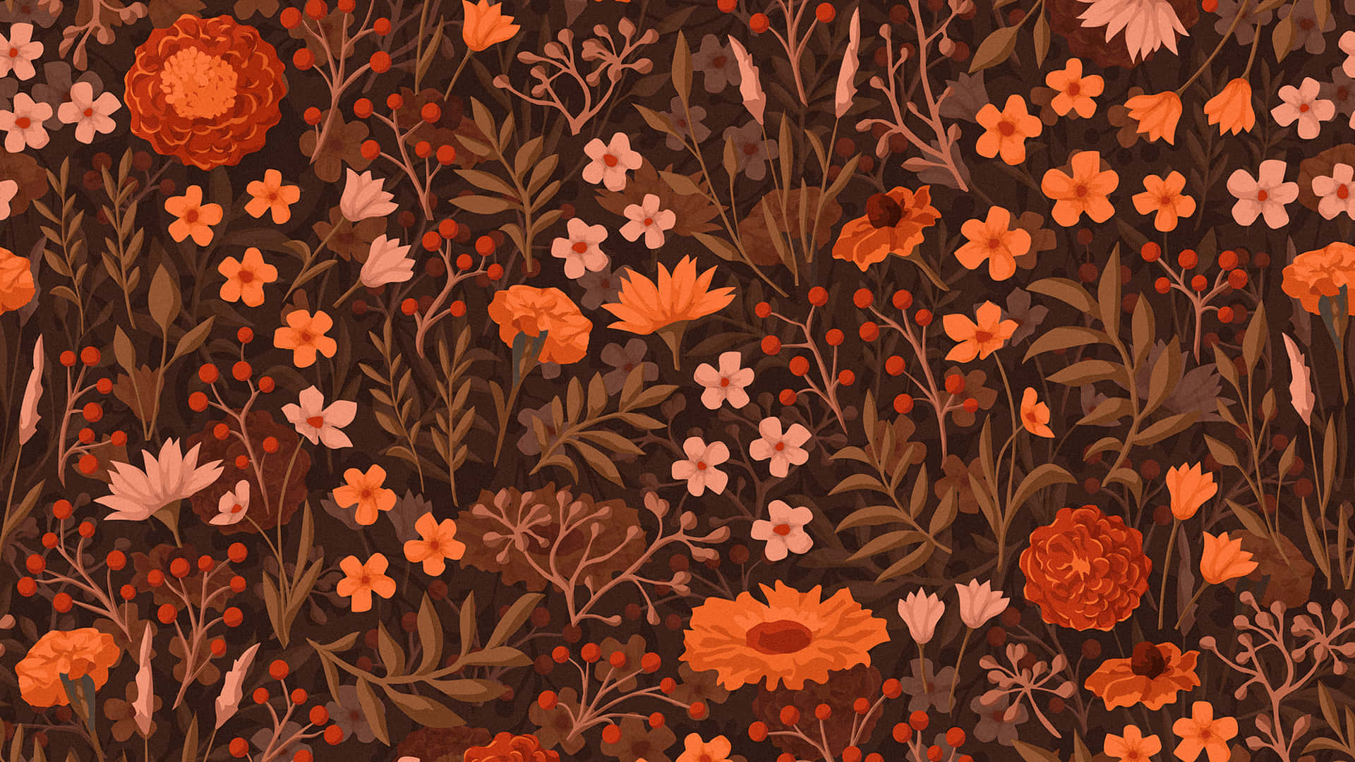 A Floral Pattern With Orange Flowers And Brown Leaves Background