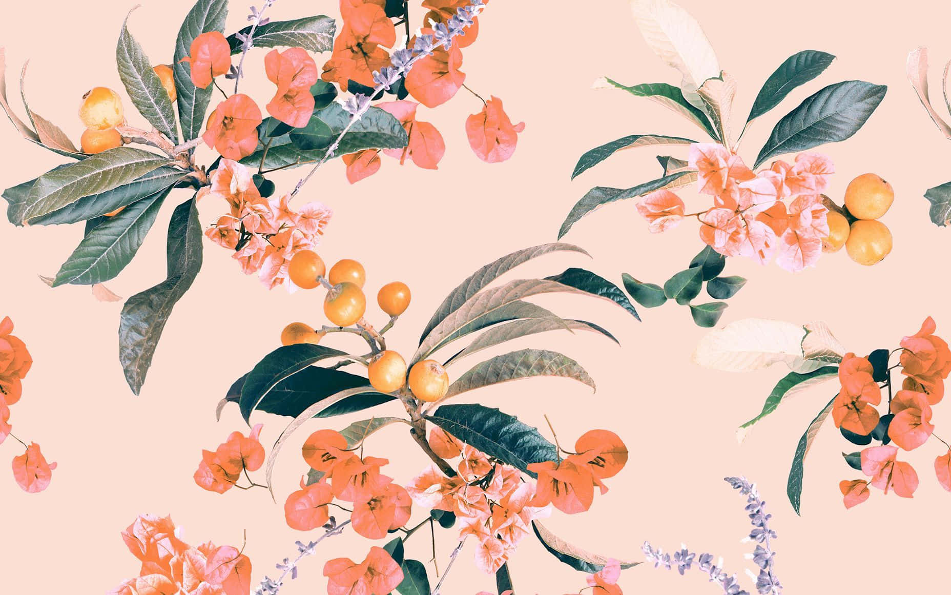 A Floral Pattern With Orange Flowers And Leaves Background