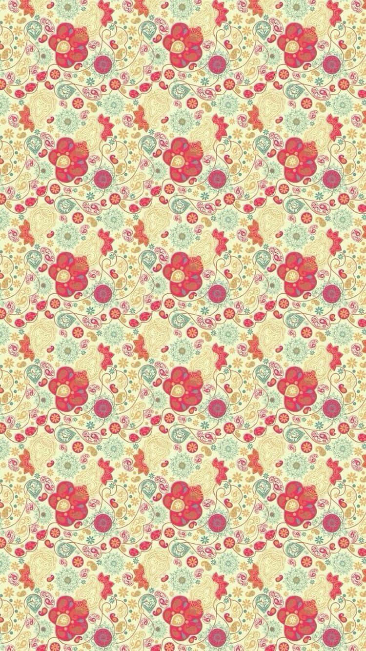 A Floral Pattern With Red, Yellow And Pink Flowers Background
