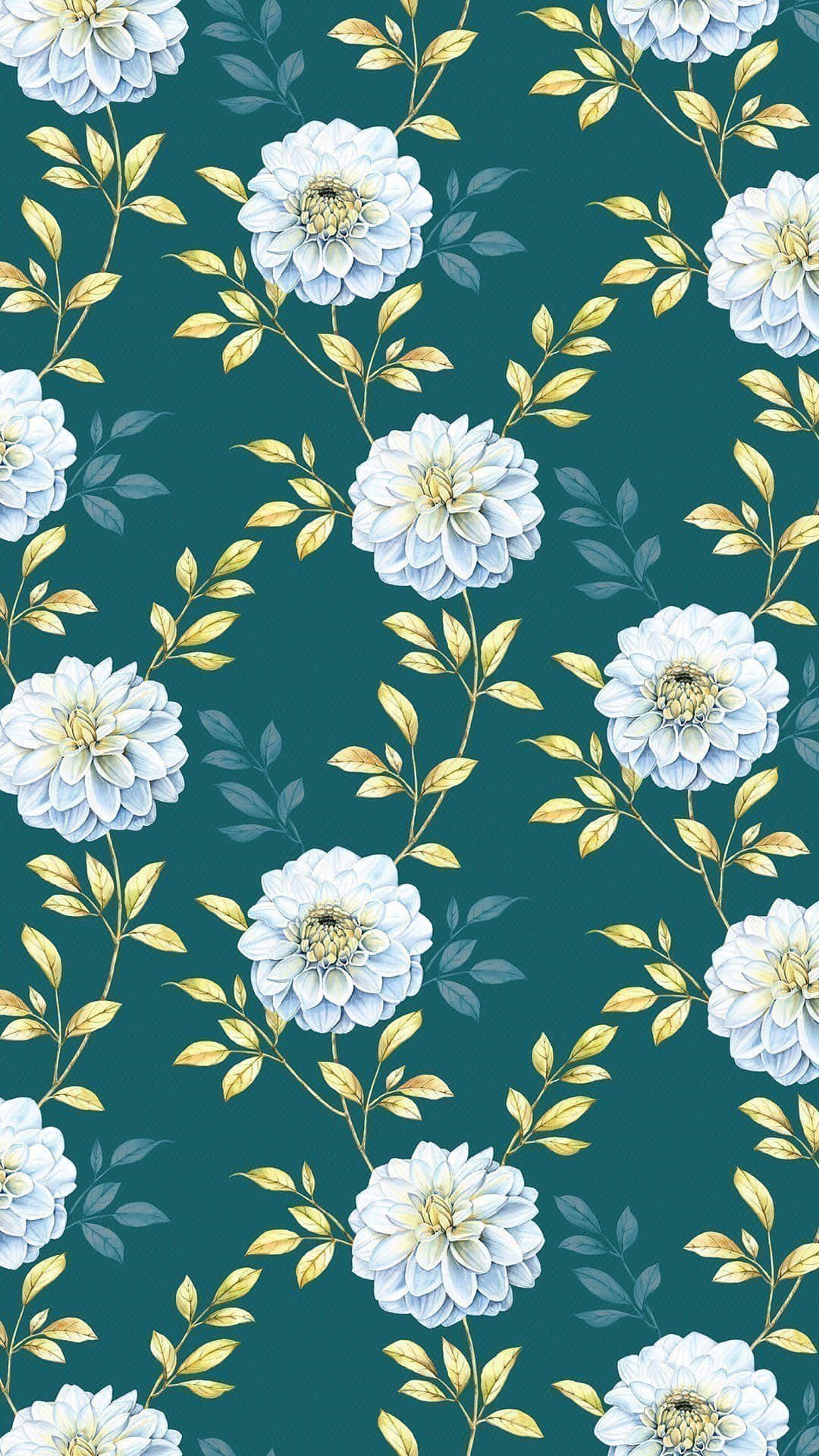 A Floral Pattern With White Flowers On A Teal Background Background