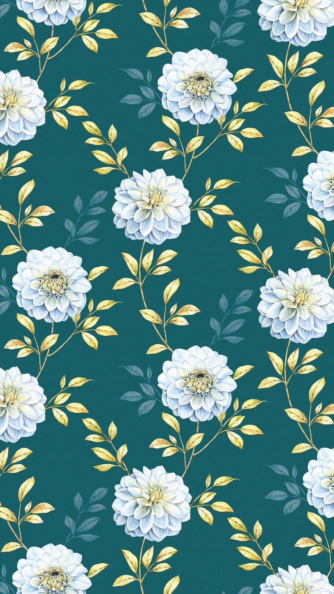 A Floral Pattern With White Flowers On A Teal Background Background