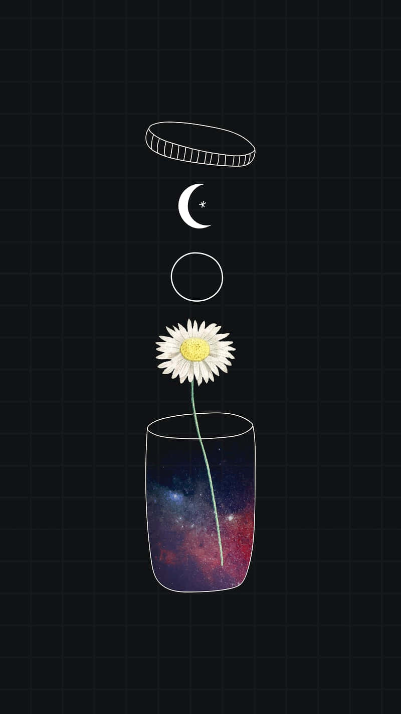 A Flower In A Glass With The Moon And Stars Background