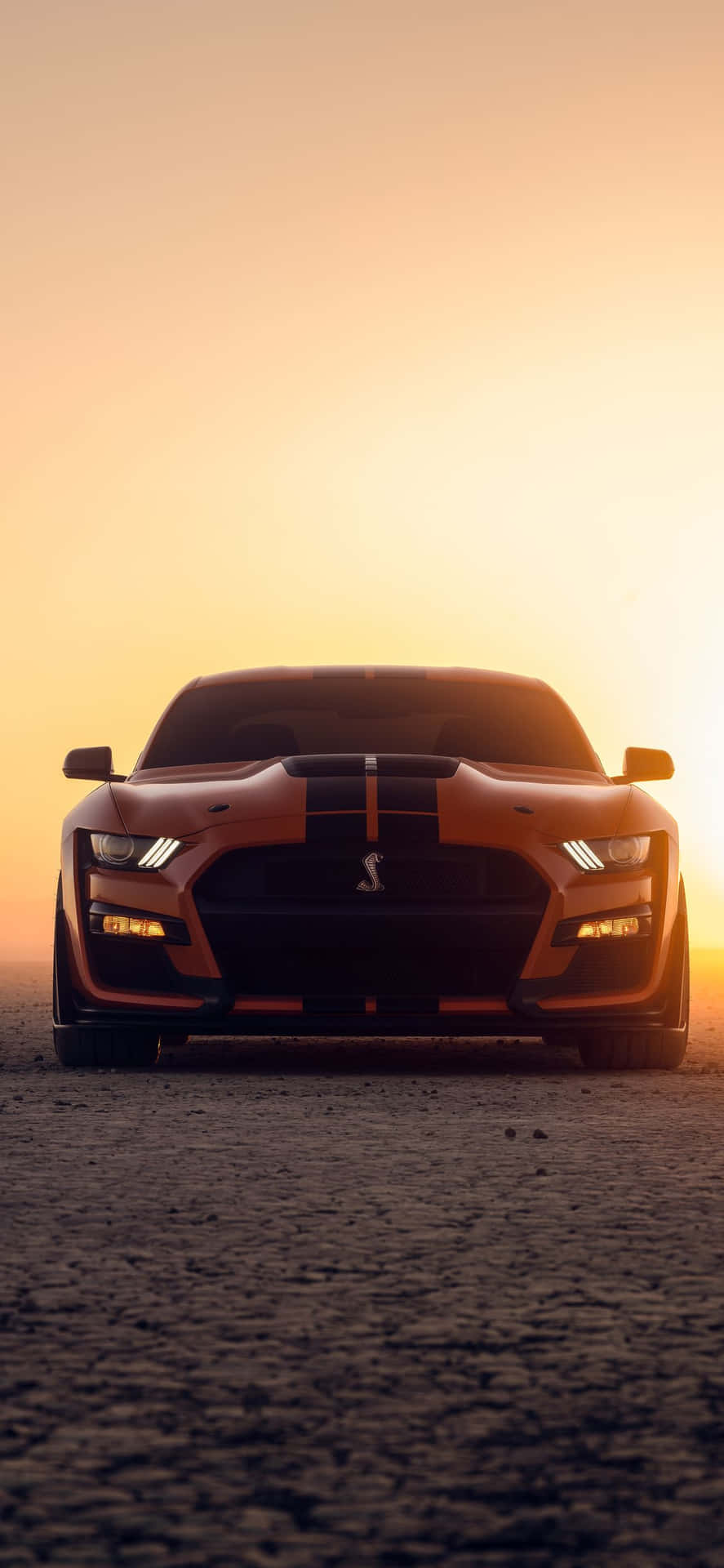 A Ford Mustang Gt Is Sitting In The Desert At Sunset Background