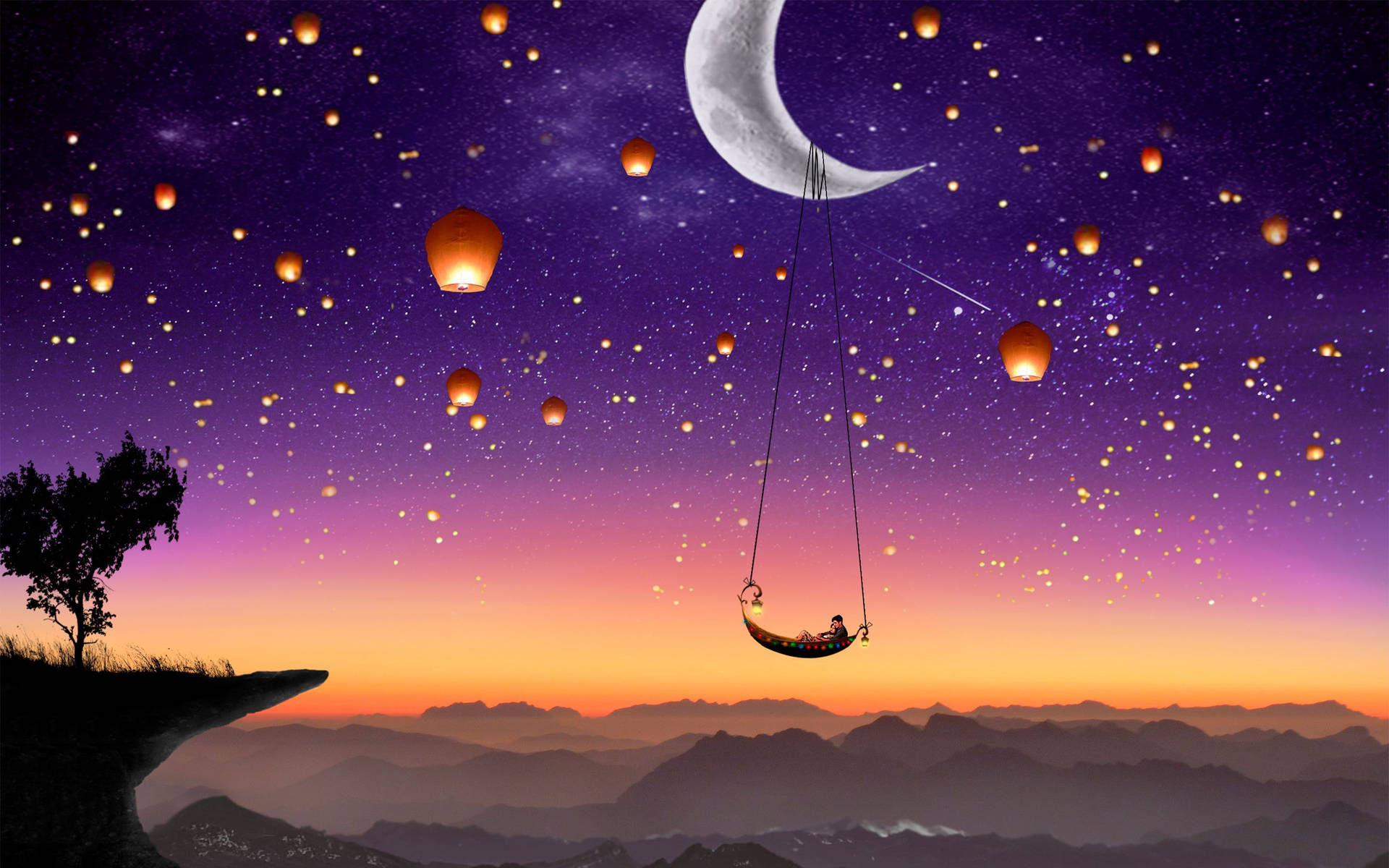 A Forest Of Lanterns During A Crescent Moon Night Background