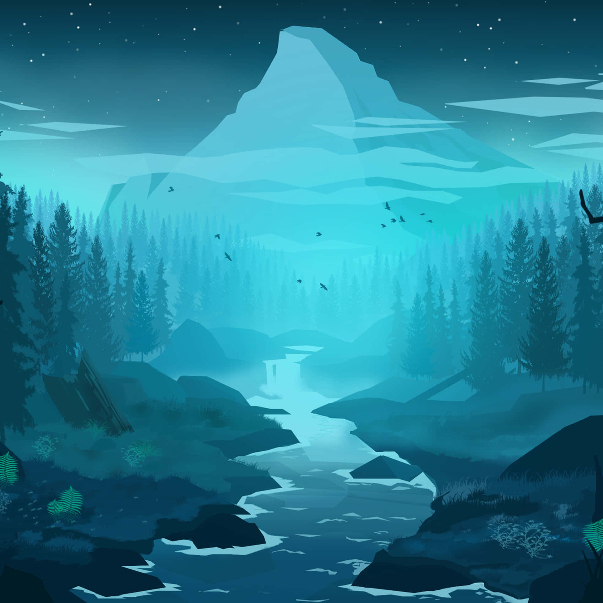 A Forest With A River And Trees At Night Background