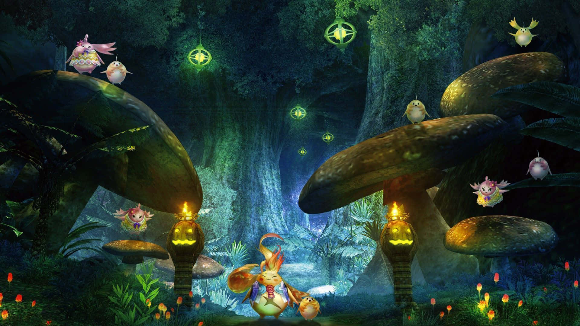 A Forest With Many Mushrooms And A Lot Of Lights Background