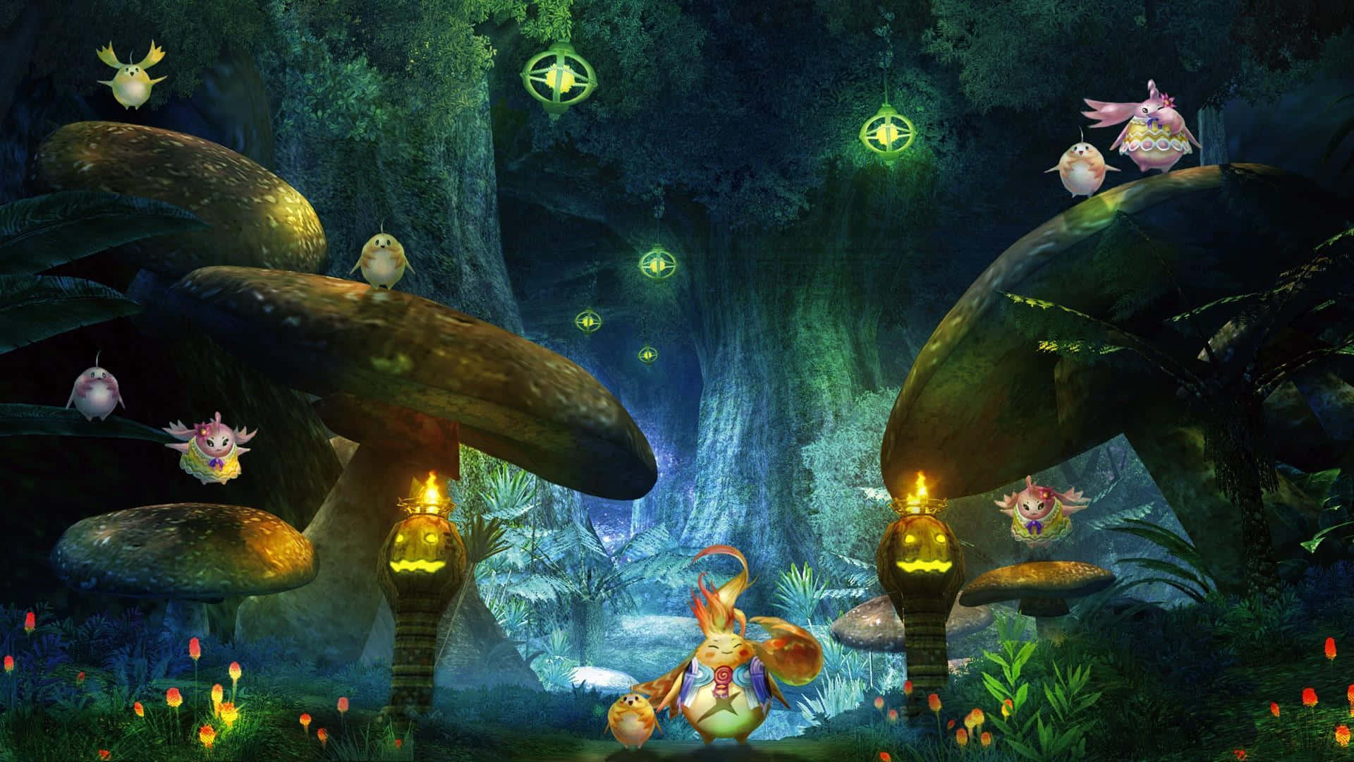 A Forest With Many Mushrooms And A Lot Of People Background