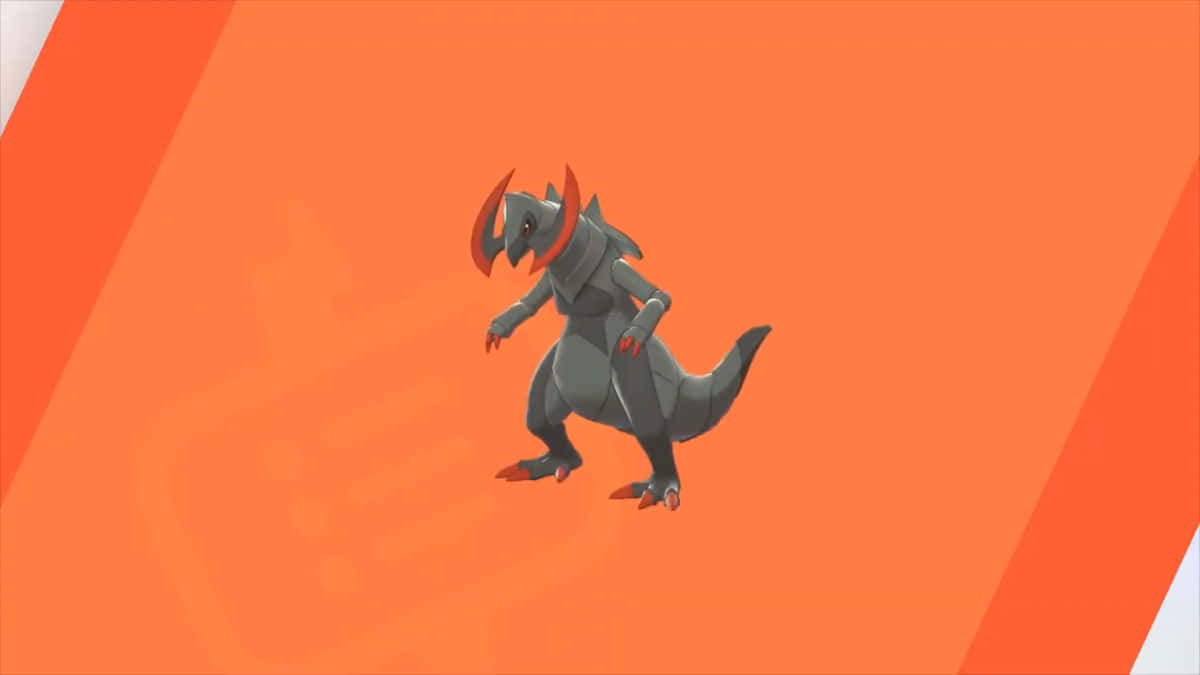 A Fraxure Standing In The Shadows Against A Bright Orange Background. Background