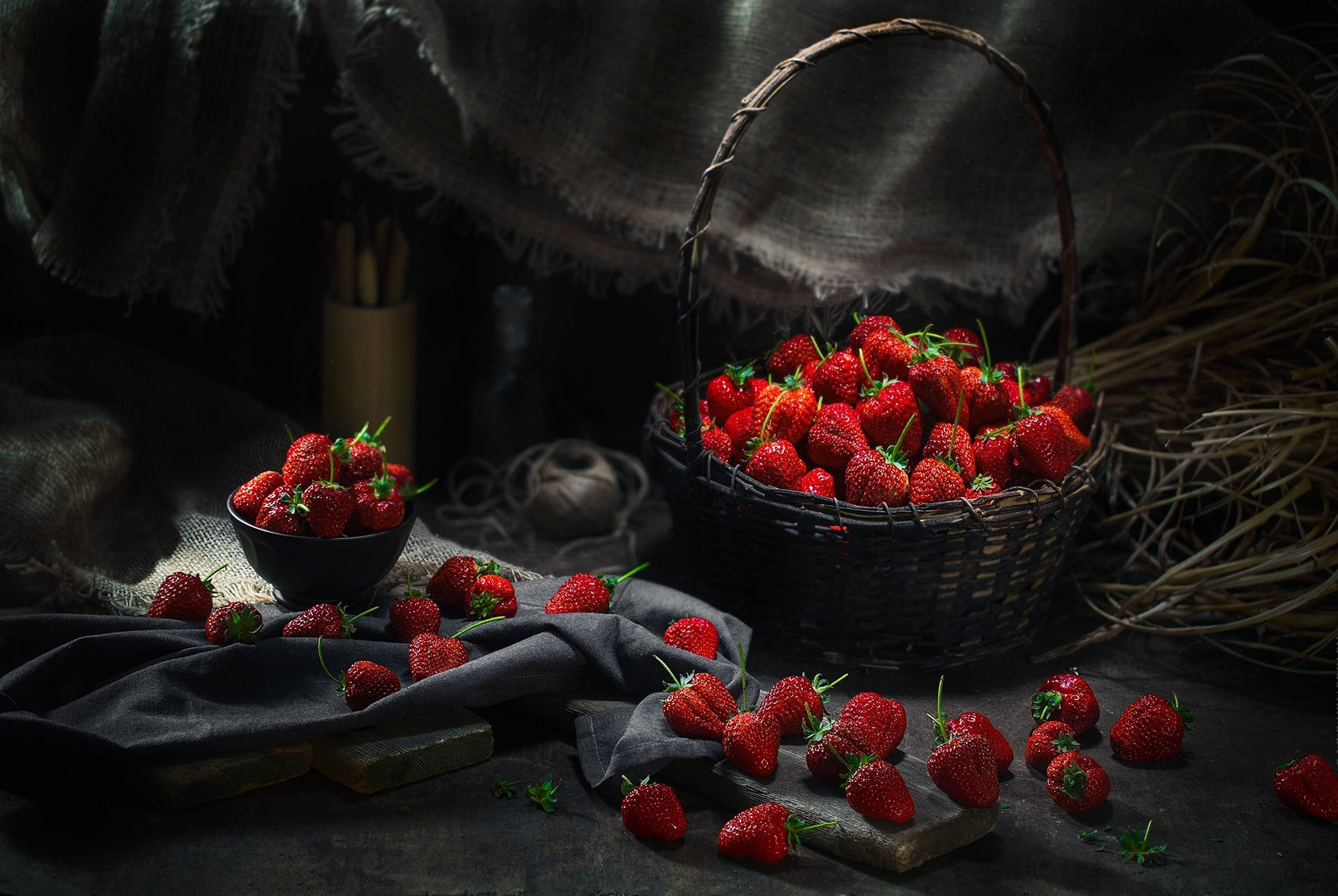 A Fresh Bunch Of Strawberries In Vintage Ambiance Background