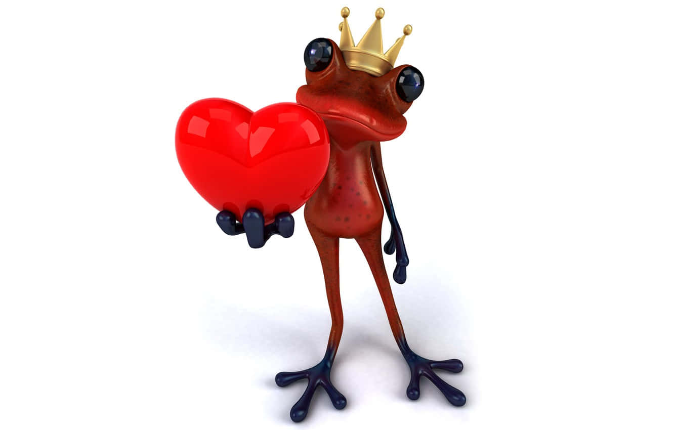 A Frog Holding A Red Heart With A Crown On It Background
