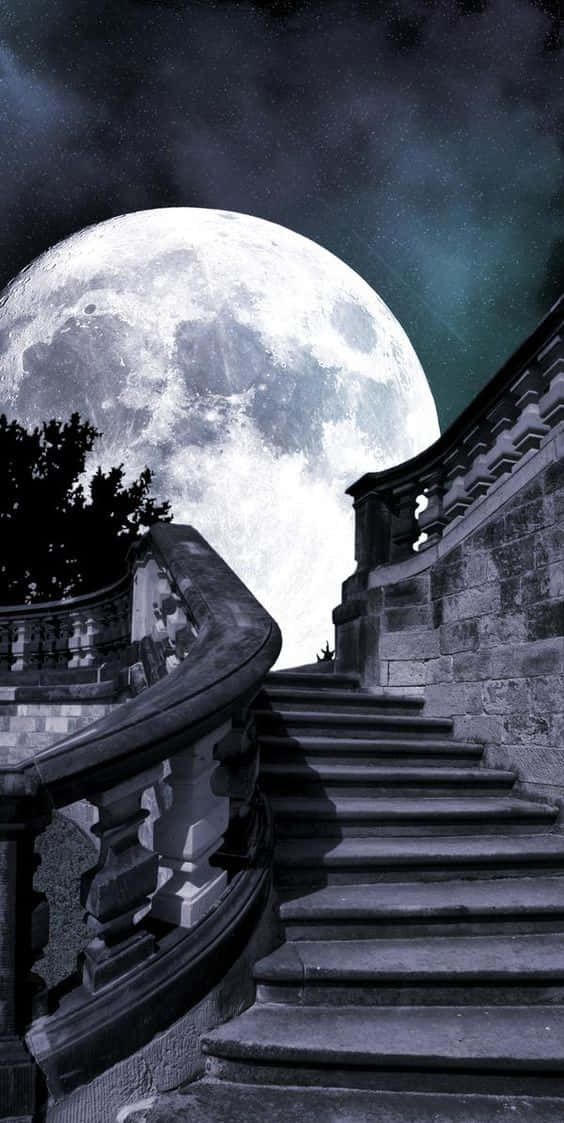 A Full Moon Is Seen Over A Staircase Background