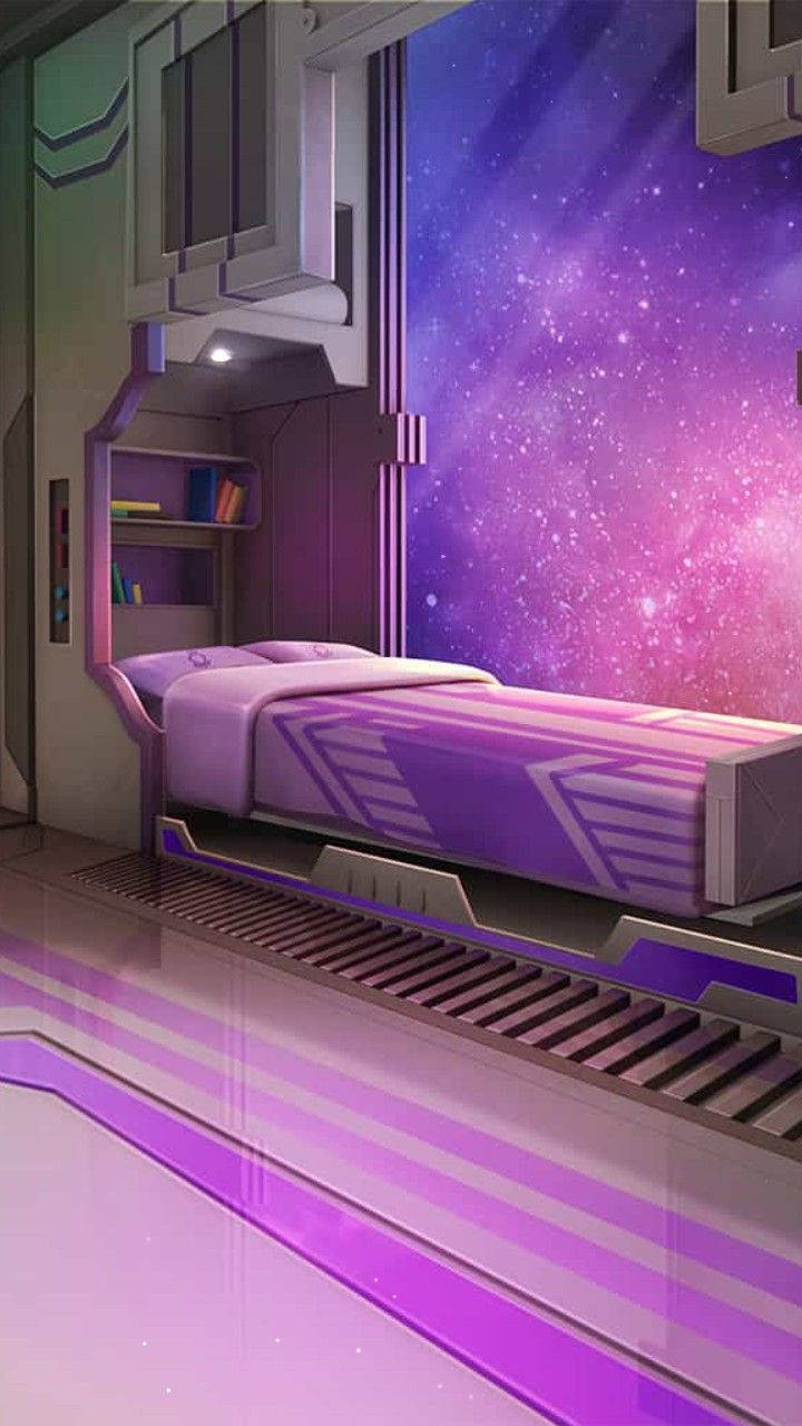 A Futuristic Bedroom With Purple Walls And A Bed