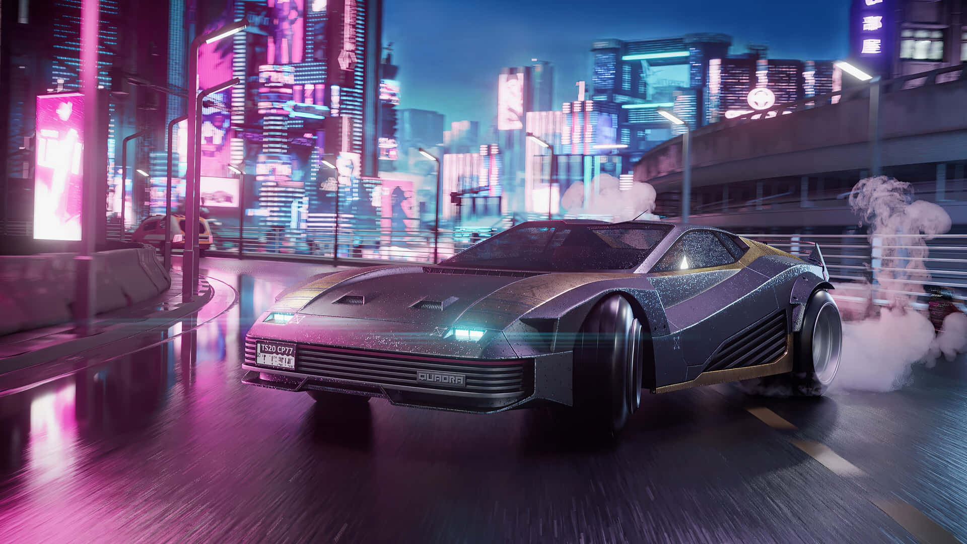 A Futuristic Car Driving Down A City Street Background