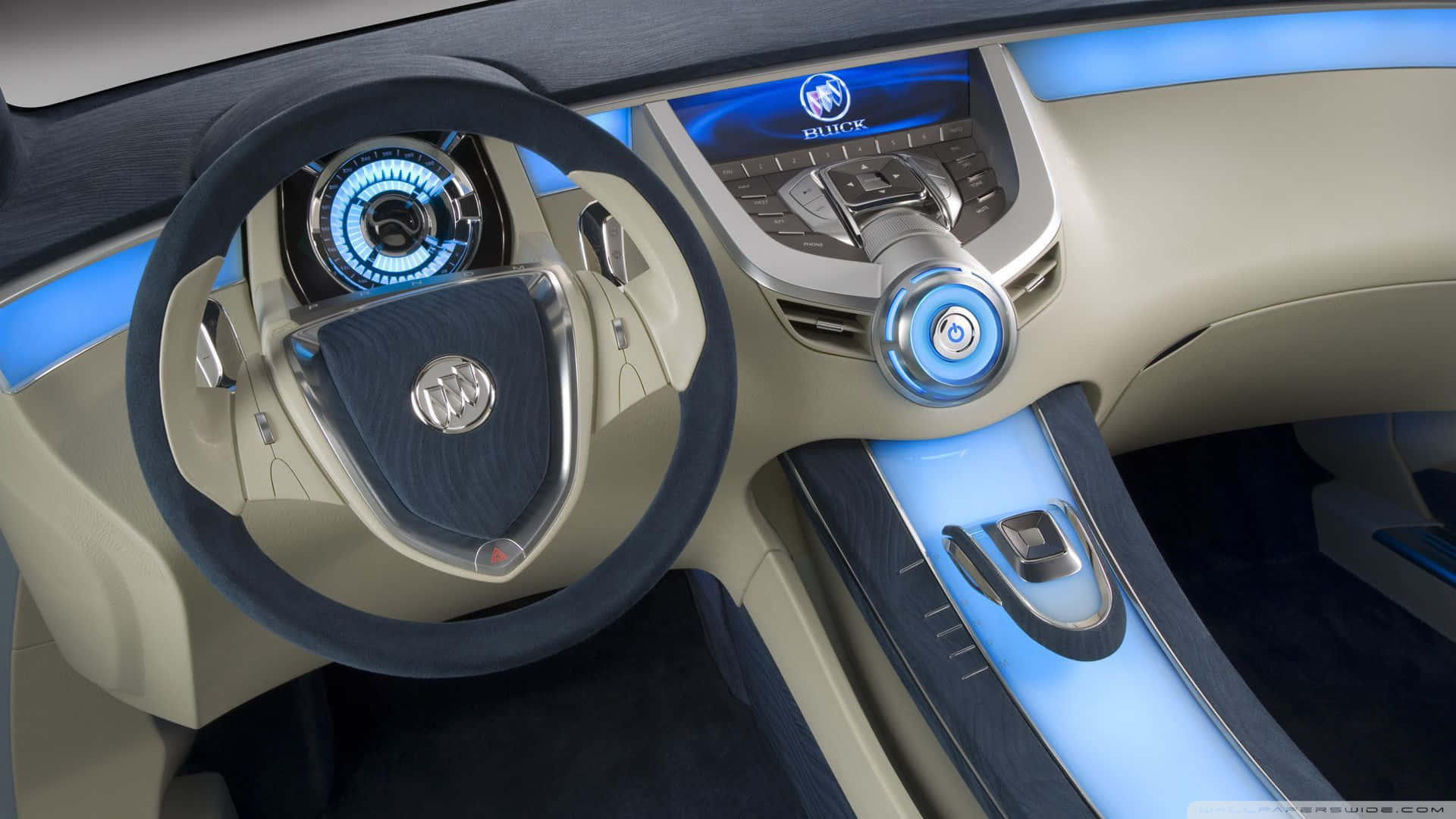 A Futuristic Car With Blue Lights And A Dashboard Background