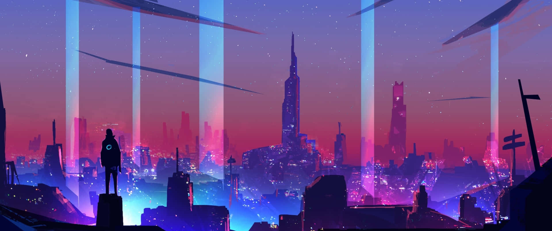 A Futuristic City With A Blue Sky And Colorful Buildings Background