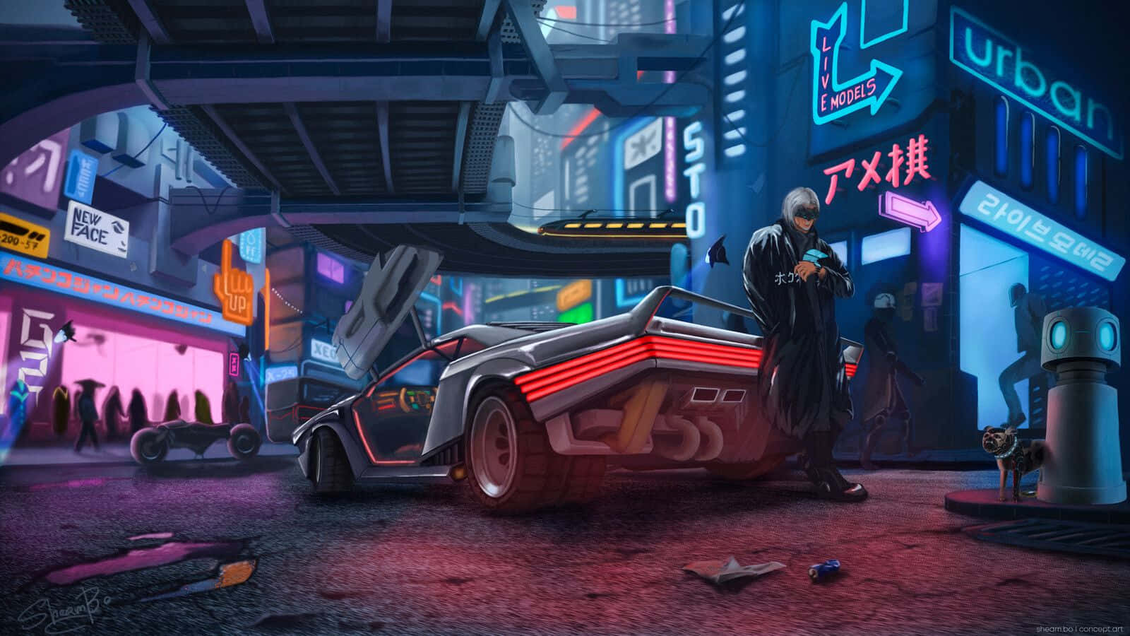 A Futuristic City With A Car And Neon Lights Background