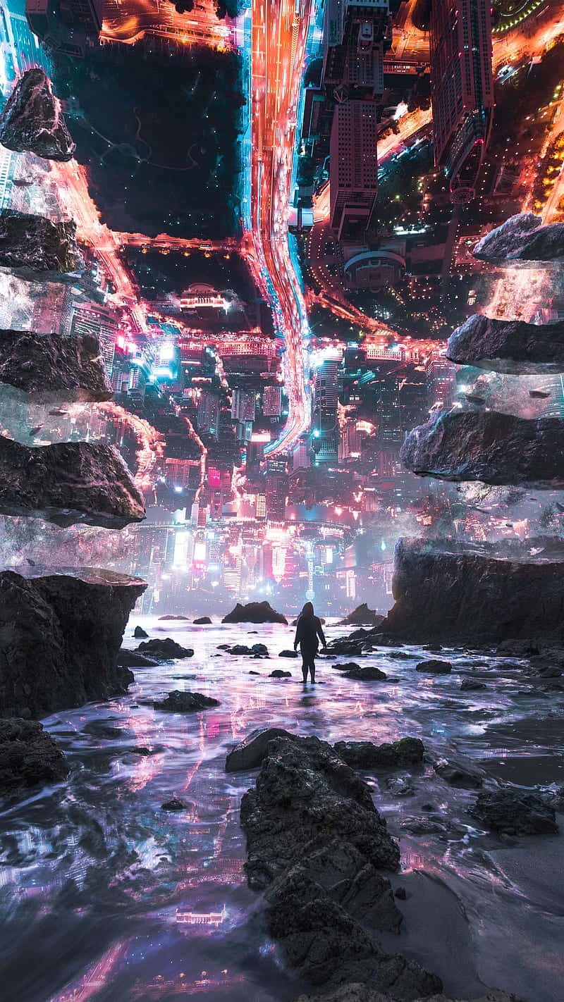 A Futuristic City With A Person Walking Through It Background