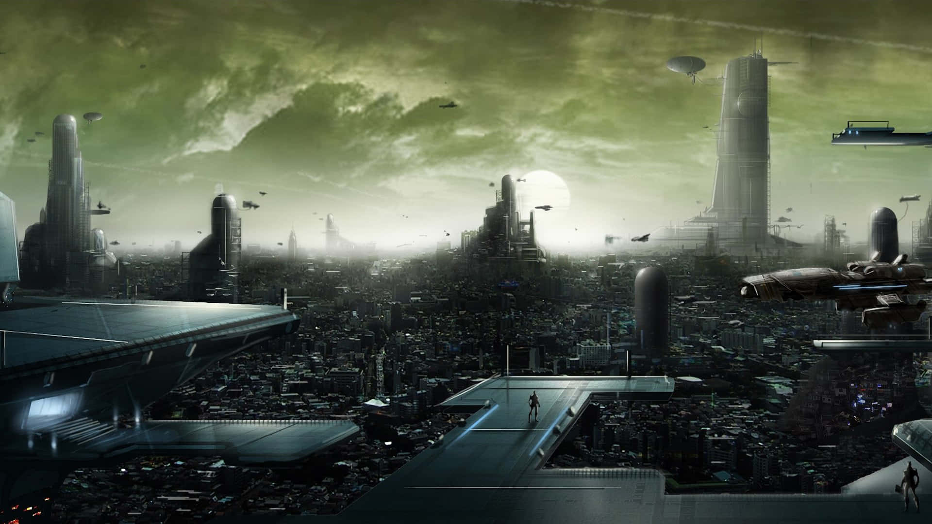 A Futuristic City With Many Buildings And Ships