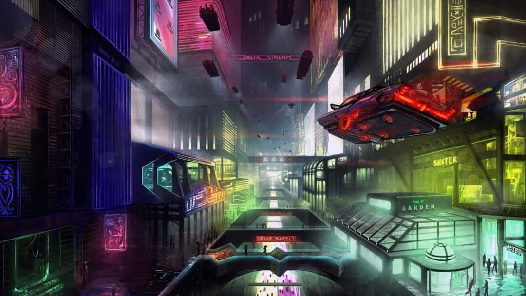 A Futuristic City With Neon Lights And Buildings Background