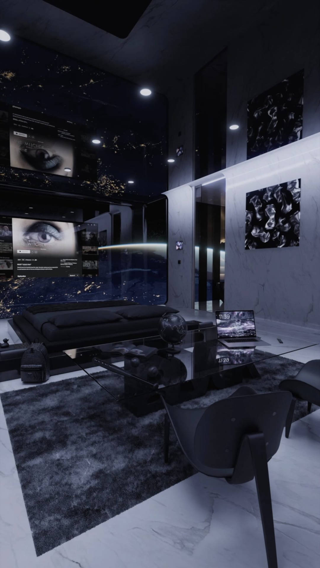 A Futuristic Living Room With A Black And White Theme Background