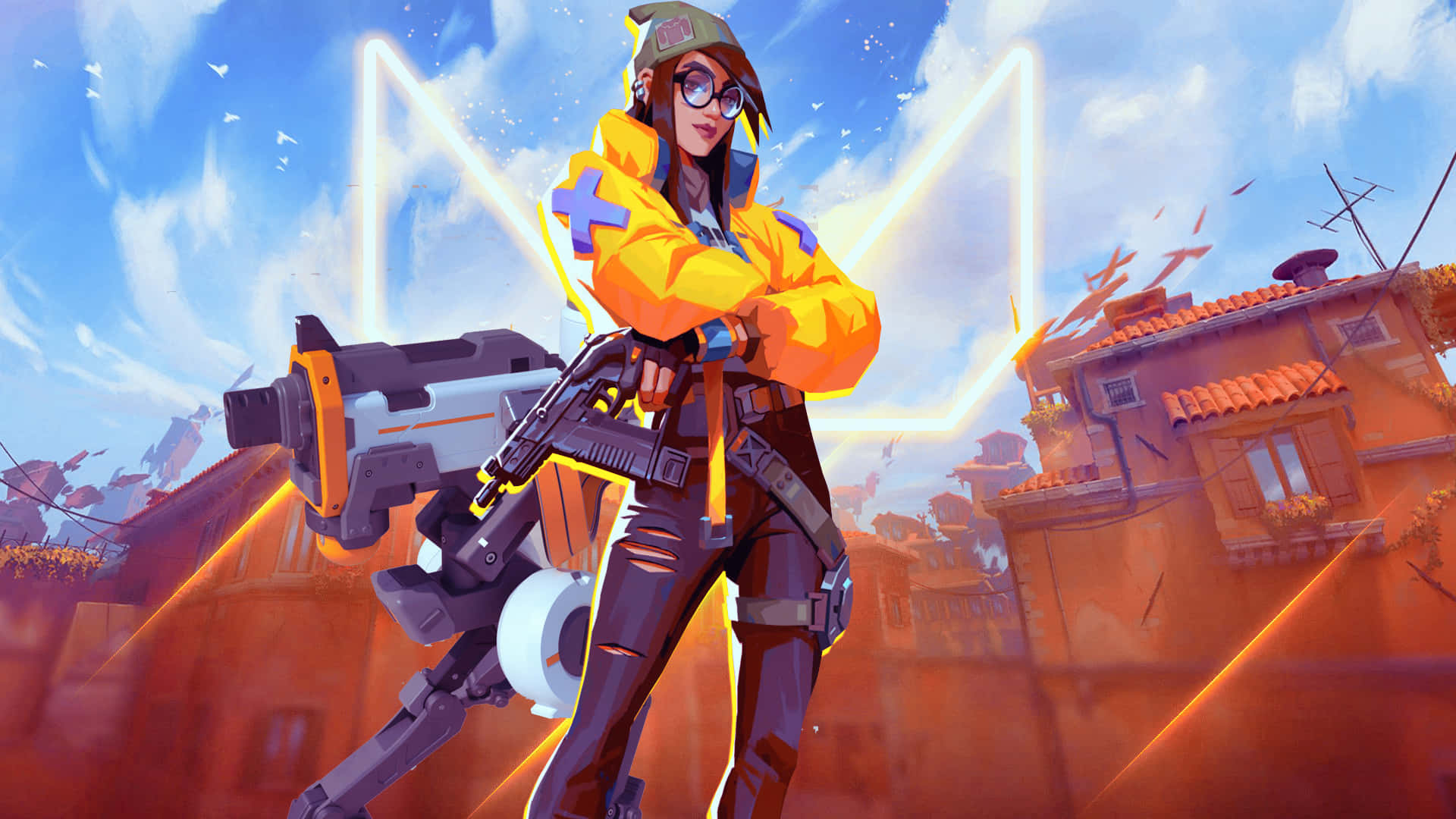 A Futuristic Robotic Figure Surrounded By A Brightly Colored Electrical Force Background
